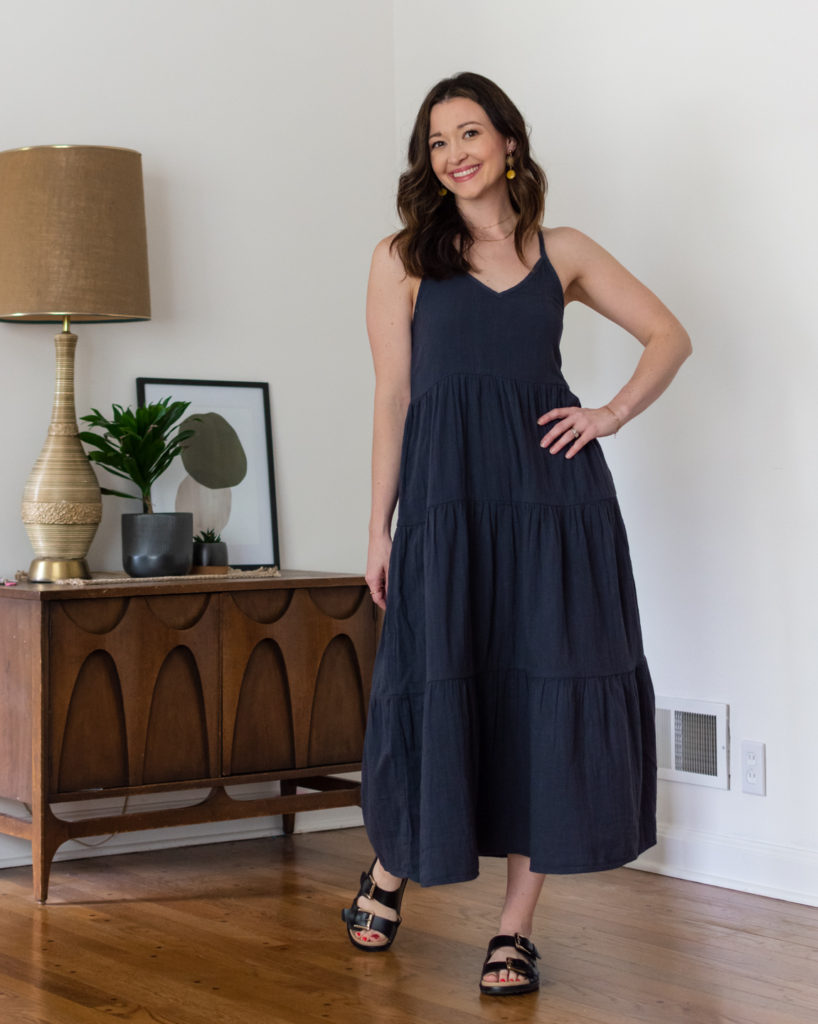 ABLE washed black maxi dress slow fashion ethical brand tiered summer maxi 